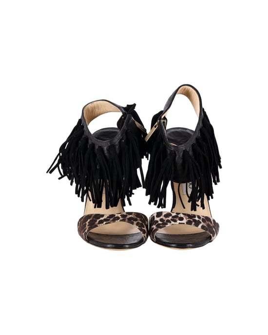 Jimmy Choo Leopard-Print Fringe Sandals in Black Leather - Image 2
