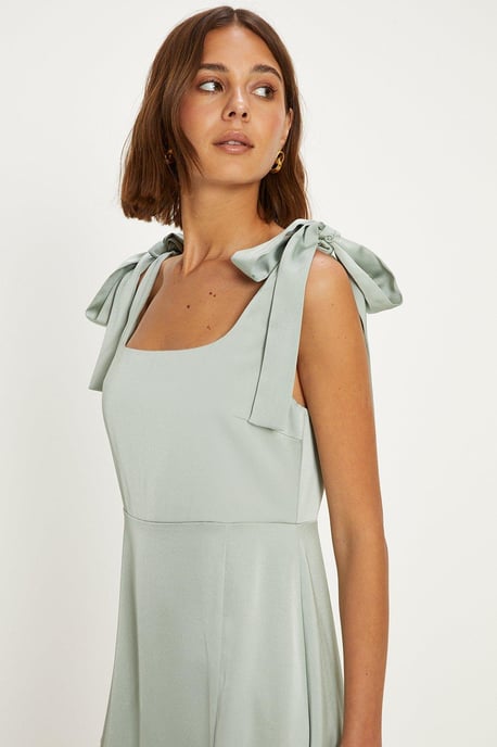 Satin Tie Shoulder Midi Bridesmaids Dress