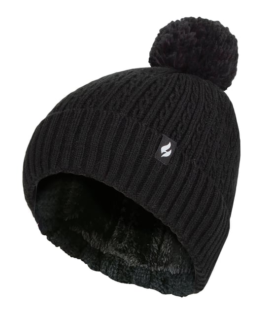 Ladies Thermal Cable Beanie Hat | Heat Holders | Winter Knitted Pom Pom Hat | Soft Ribbed Bobble Hat - Black - Image 1