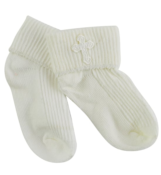 Baby Christening Socks with Cross Embroidery | Newborn Cotton Socks for Boys & Girls - Cream - Image 1