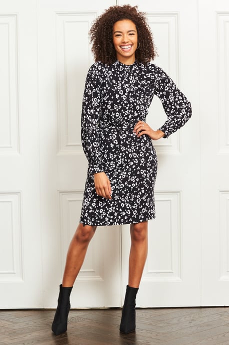 Black & White Animal Print Belted Shift Dress