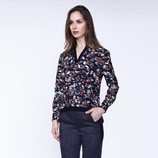 Satin Col-V Blouse en bladeren print - Image 1