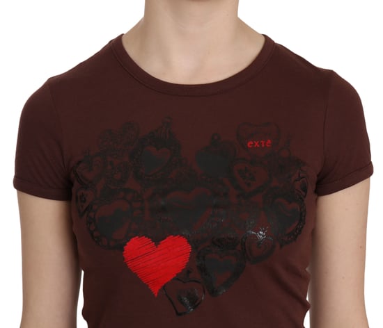 Exte Women's Brown Heart Print Crew Neck T-shirt Short Sleeve Blouse