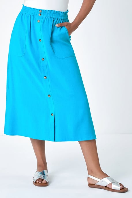 Petite Linen Blend Button A Line Midi Skirt