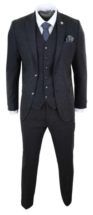 Mens 3 Piece Black Wool Tweed Vintage Retro Suit - Image 2