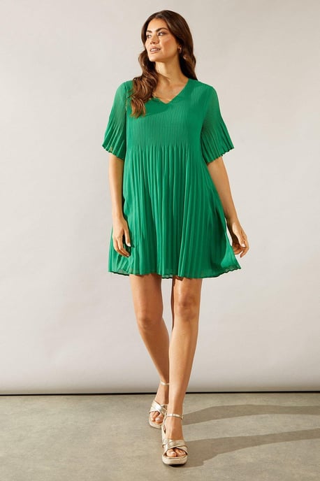 Graduated Pleat Angel Sleeve Mini Dress