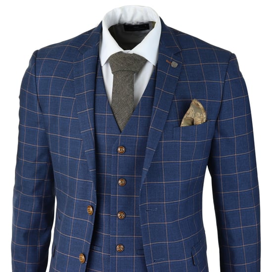 Mens 3 Piece Suit Blue Gold Check Peaky Blinders 1920 Gatsby Smart Vintage Suit - Image 3