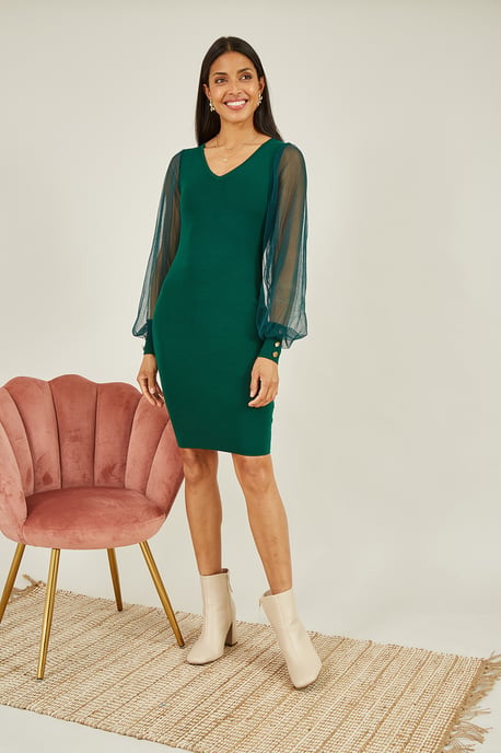 Green Knitted Body Con Dress With Chiffon Sleeve