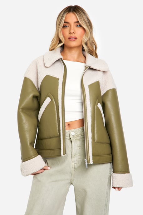 Faux Leather Teddy Trim Aviator Jacket - Image 1
