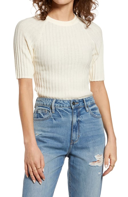 Free People Women's Blouse White Ivory Crewneck Ribbed