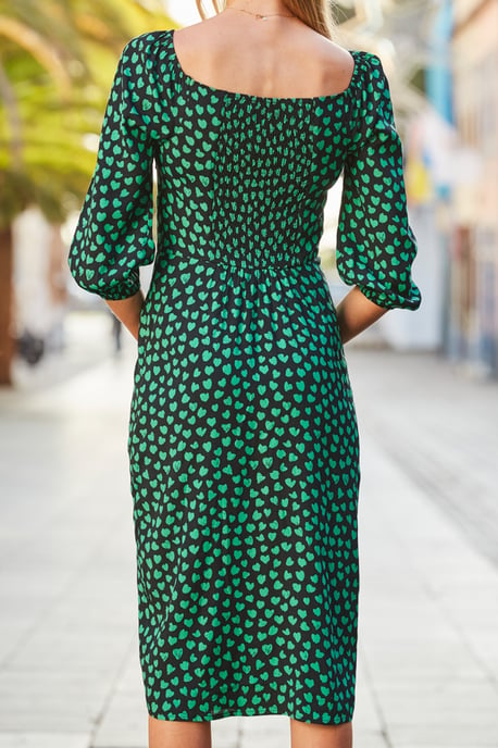 Black & Green Heart Print Sweetheart Neckline Midi Dress