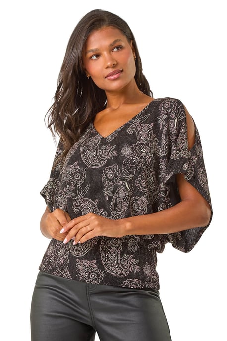 Glitter Print Banded Hem Stretch Top