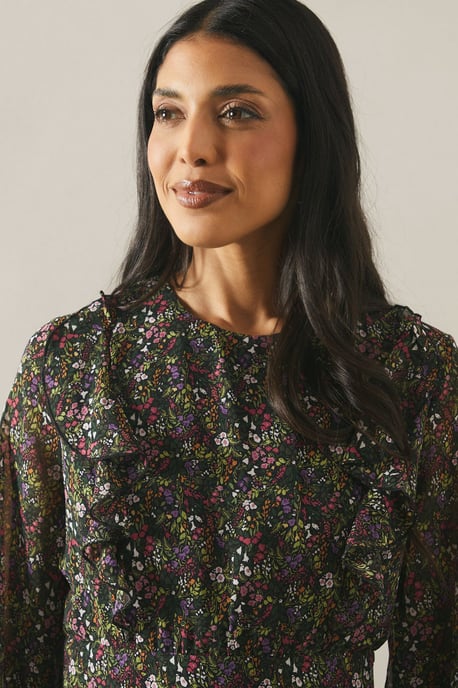 Floral Print Ruffle Detail Midi Dress