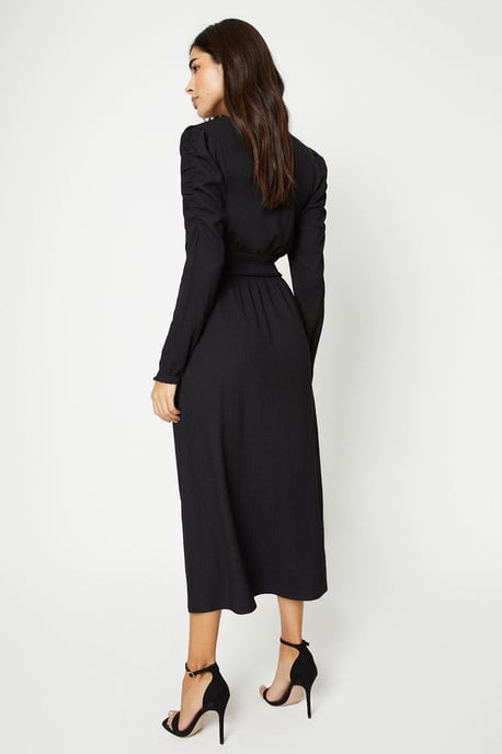 Shirred Waist Long Sleeve Midi Dress