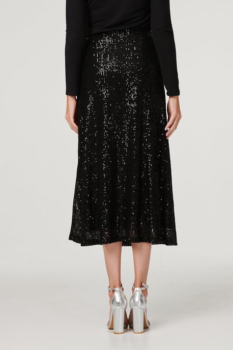 Black Sequin High Waist Semi Sheer Midi Skirt