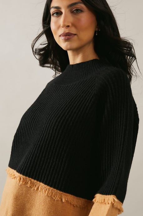 Colour Block Fringe Detail High Neck Jumper