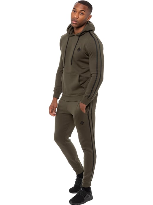 Enzo | Mens Pullover Tape Hoodie Tracksuit Set - Khaki - Image 1