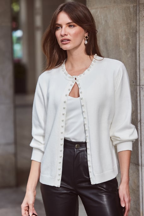 Ivory Pearl Embellished Trim Cardigan - Image 3