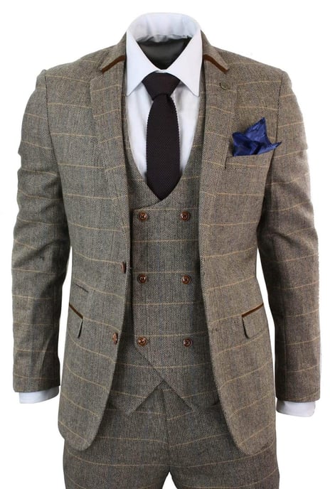 Heren 3-delig bruin visgraat tweed geruit pak - Image 1