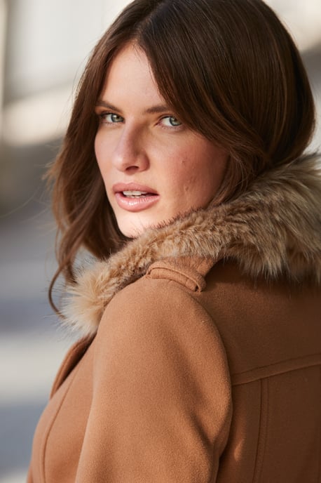 Camel Longline Faux Wool Trench Coat with Faux Fur Collar