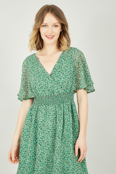 Yumi Green Ditsy Print Ruched Maxi Dress