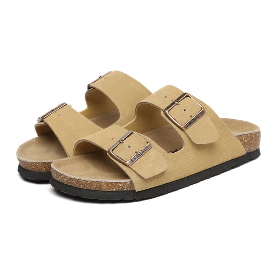 EVER AU Women Mallard Leather Twin Buckle Sandals - Camel Suede