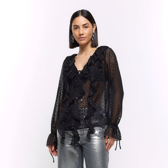 River Island Womens Blouse Black Spot Frill Long Sleeve