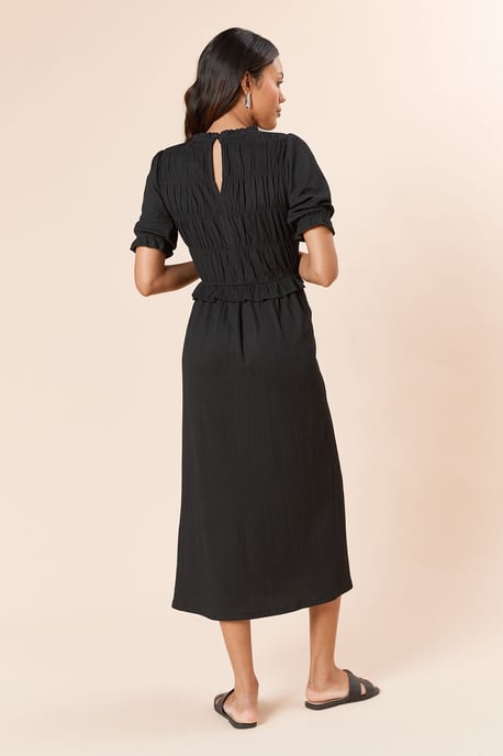 Puff Sleeve Shirred Bodice Peplum Midi Dress