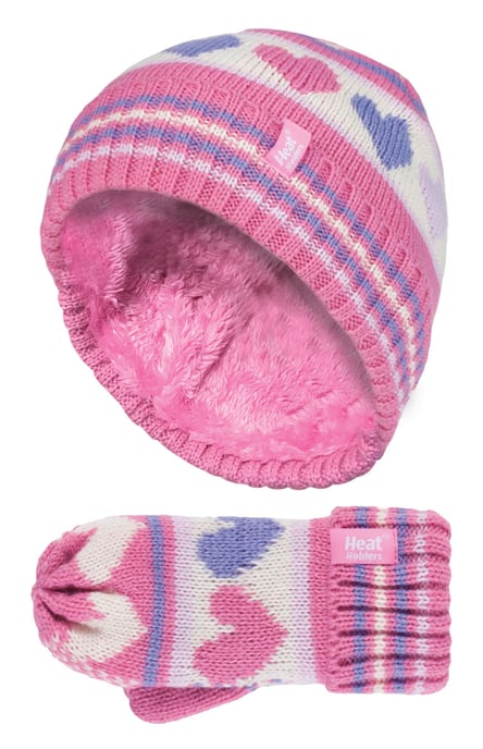 Värmehållare - Set med mössa och vantar för barn och flickor, fleecefodrad, stickad, randig och färgglad för vinterbruk - Image 1
