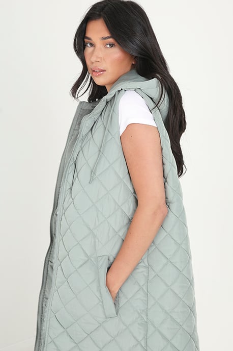 Light Green 'Rusett' Diamond Quilted Longline Hooded Gilet