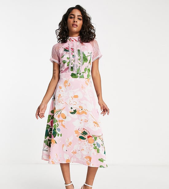 liquorish a line lace detail midi dress in floral print Blush Floral Jacquard Tie Neck A-Line Midi Dress – AX Paris main image 1