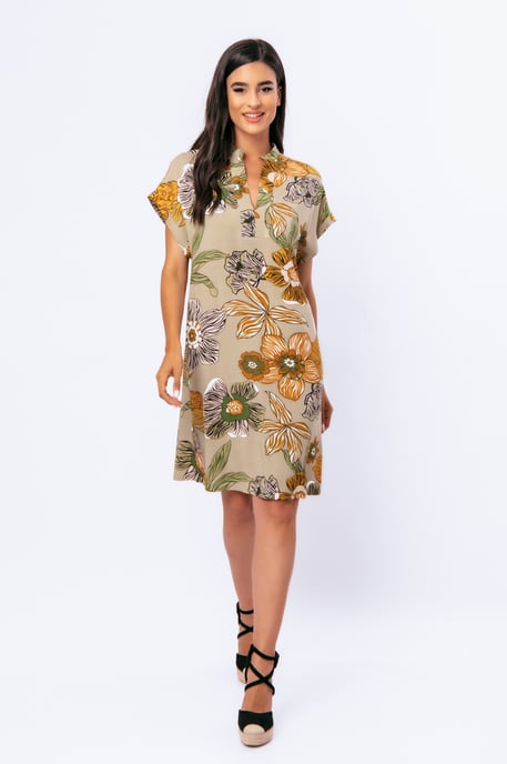 Linen Style Bold Floral Print Dress with Mandarin Collar