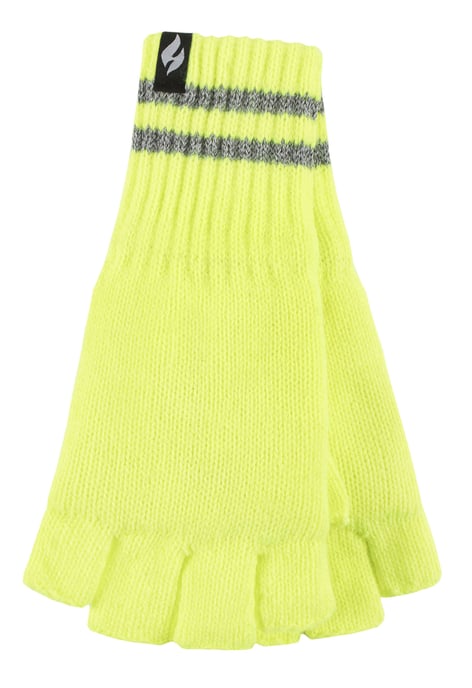 Mens Knitted Fingerless Reflective Gloves for Winter | Heat Holders | Thermal Hi Viz Work Gloves - Yellow - Image 1