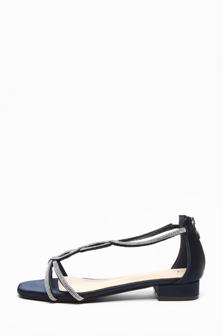 Navy Satin Diamante T-Strap Flat Sandals