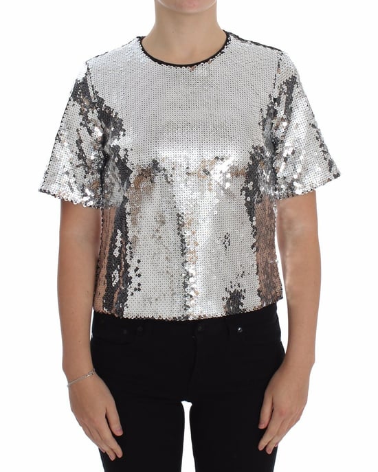 Dolce & Gabbana Dames Zilveren Pailletten Crewneck Blouse T-shirt Top - Image 1
