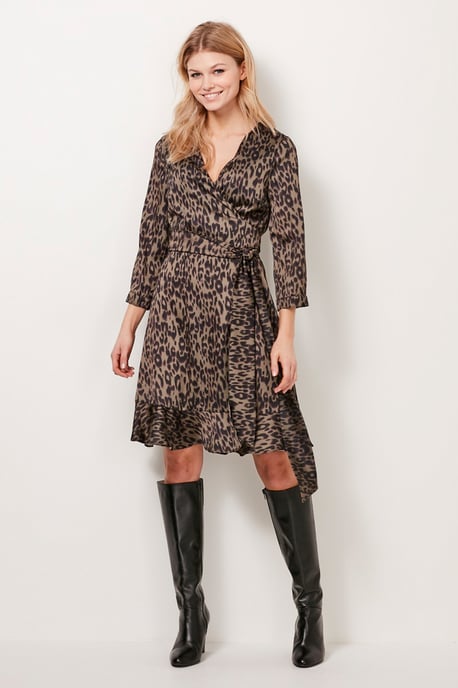 Khaki Leopard Print Wrap Dress