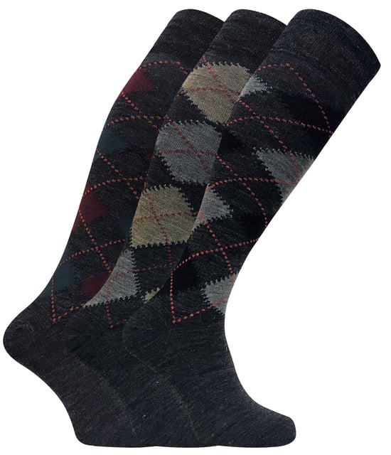 3 Pairs Mens Extra Long Knee High Argyle Lambs Wool Dress Socks - Image 1