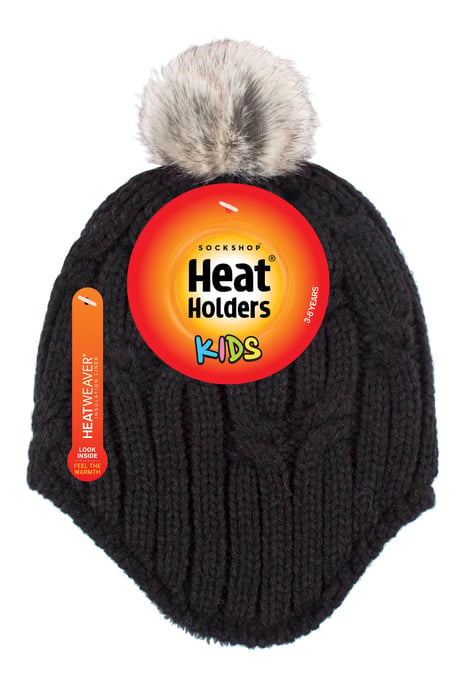 Heat Holders - Kabel stickad mössa för flickor med Pom Pom Bobble för vinter | Varm värmeisolerad mössa - Svart - Image 2