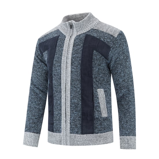 Men's Cardigan with Zip Stand-Up Collar Cardigan Chunky Knit Lined Jumper for Winter Blue