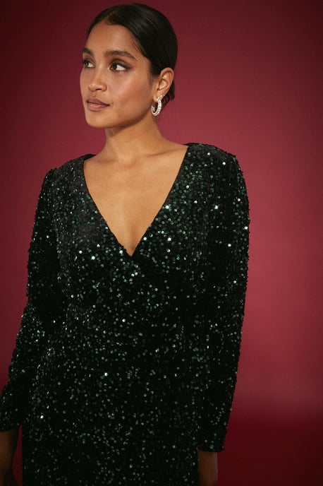 Velvet Sequin Wrap Midi Dress