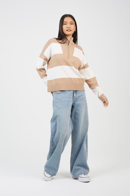 Camel Striped Half Zip Knitted Jumper