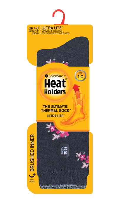 Heat Holders - Ladies Ultra Lite Thermal Brushed Inner Yarn Design Socks - Charcoal Floral (Bellis) - Image 2