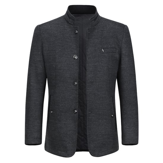 Men's Short Slim Fit Coat with Stand-Up Collar Business Casual Wool Overcoat Gray - Image 1