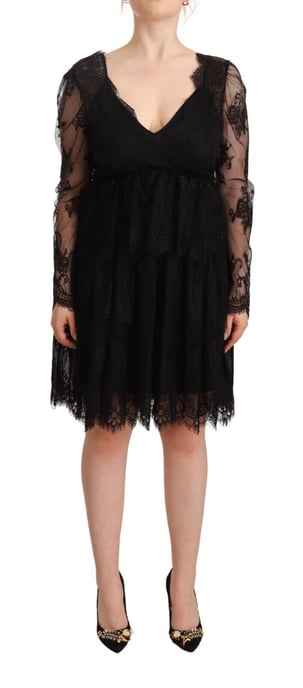 Aniye By Women's Black Floral Lace Cotton Long Sleeves V-neck Shift Dress