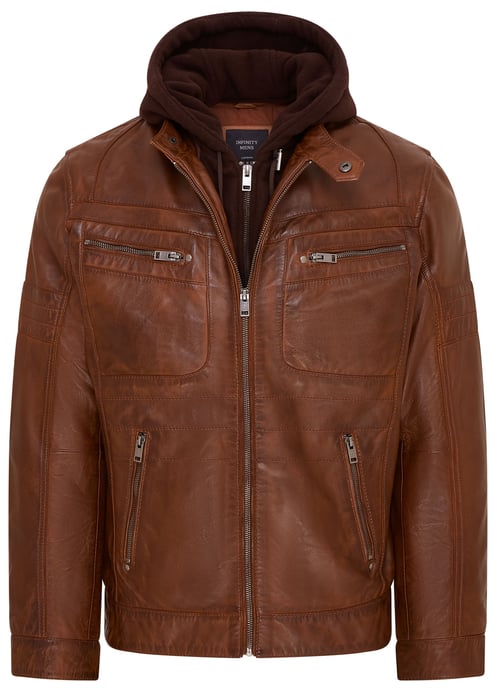 Mens Brown Hooded Leather Biker Jacket - Stavern