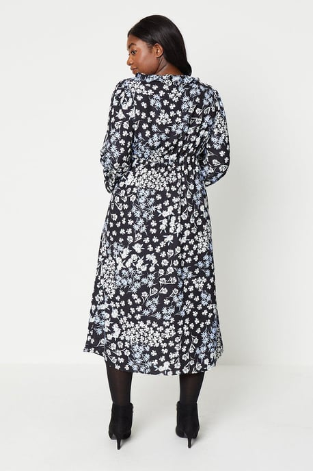 Curve Floral Button Front Ruffle Midi Dress