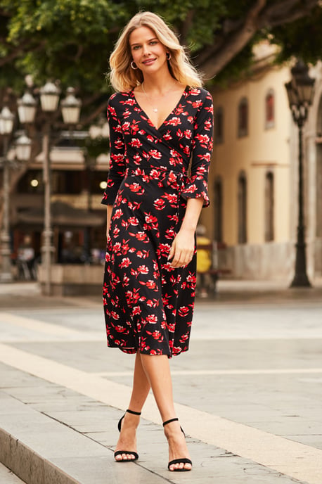 Black & Red Floral Print Jersey Midi Dress