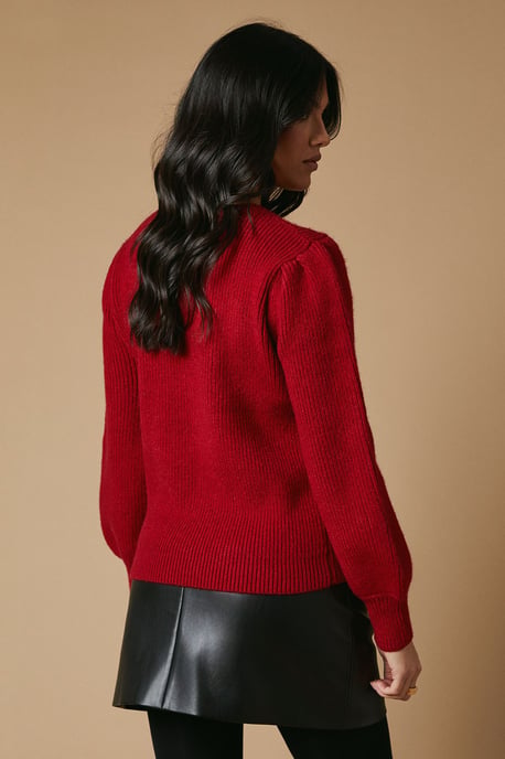Rib Transfer Balloon Sleeve Jumper