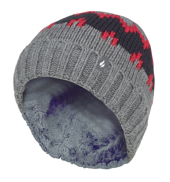 Heat Holders - Boys Thick Ribbed Woven Knitted Soft Pom Pom Bobble Beanie Hat - Pebble Melange/Red/Navy - Image 1