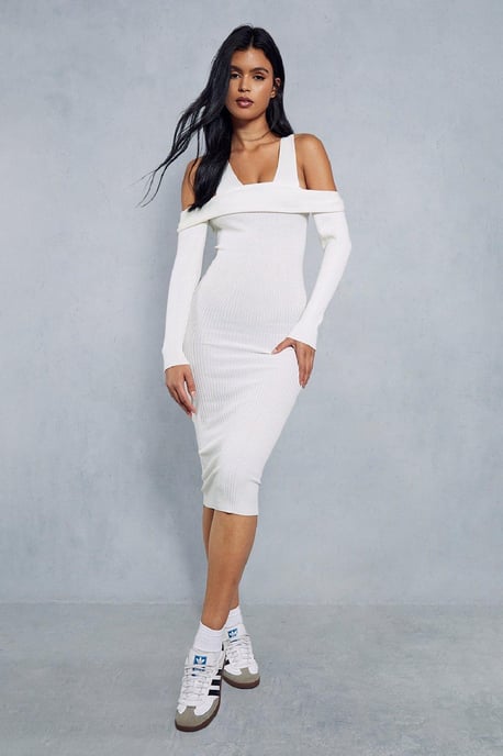 Knitted Ribbed Plunge Bardot Midaxi Dress